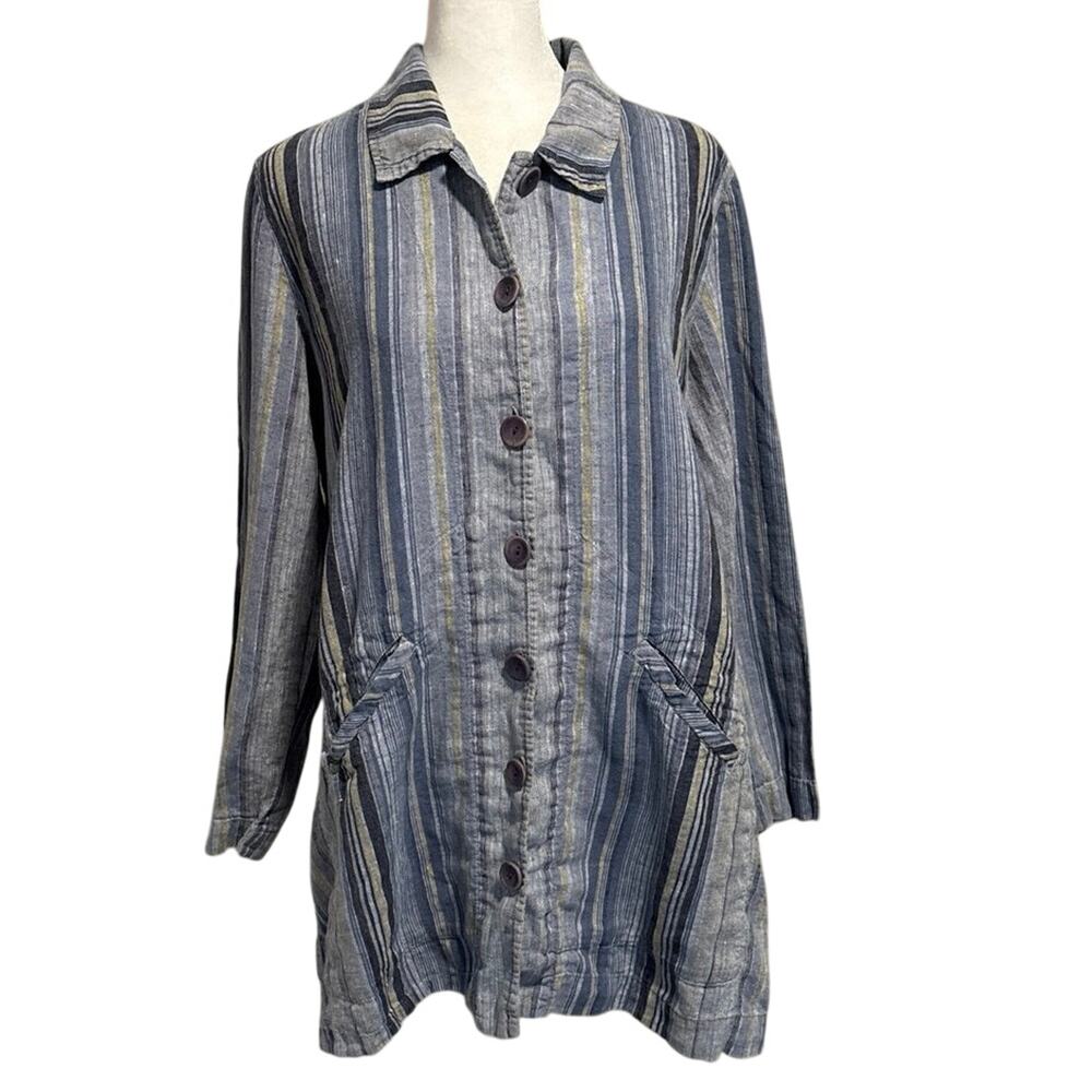 Flax Size S 100% Linen Blue Striped Jacket Button Front